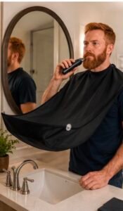 Man using a beard bib attached to a bathroom mirror during beard grooming.