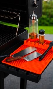 Heat-resistant silicone grill mat organizing grilling tools, oil, and seasonings on a grill side shelf.