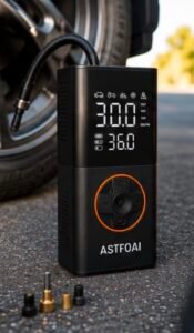 Portable tire inflator connected to a vehicle tire for quick air pressure adjustment.